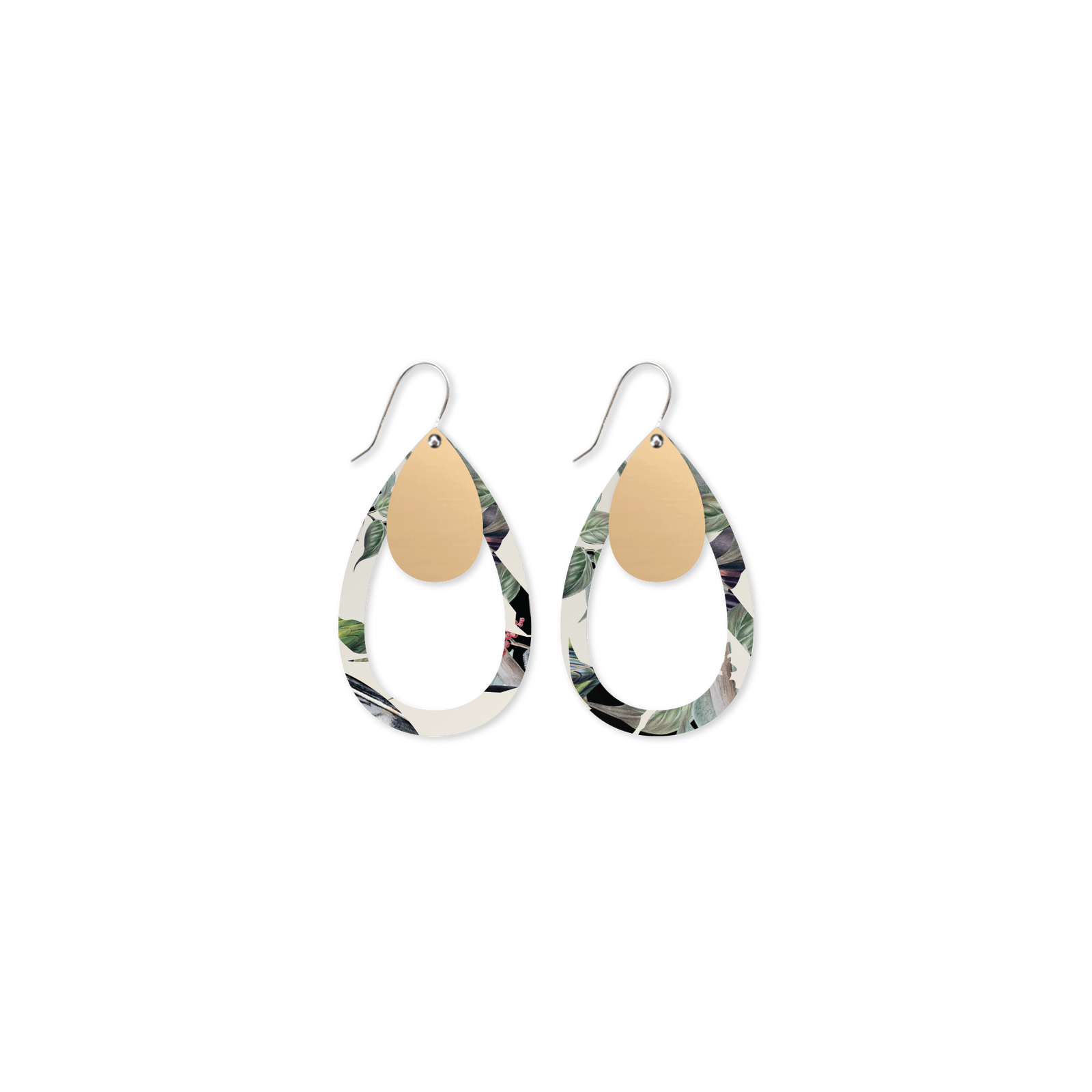 Native Birds Feather & Cuckoo Layered Outline Tear Drop Earring