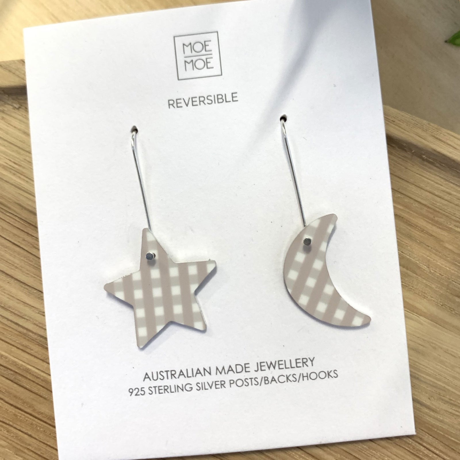 Oat Gingham Star Moon Long Drop Earrings