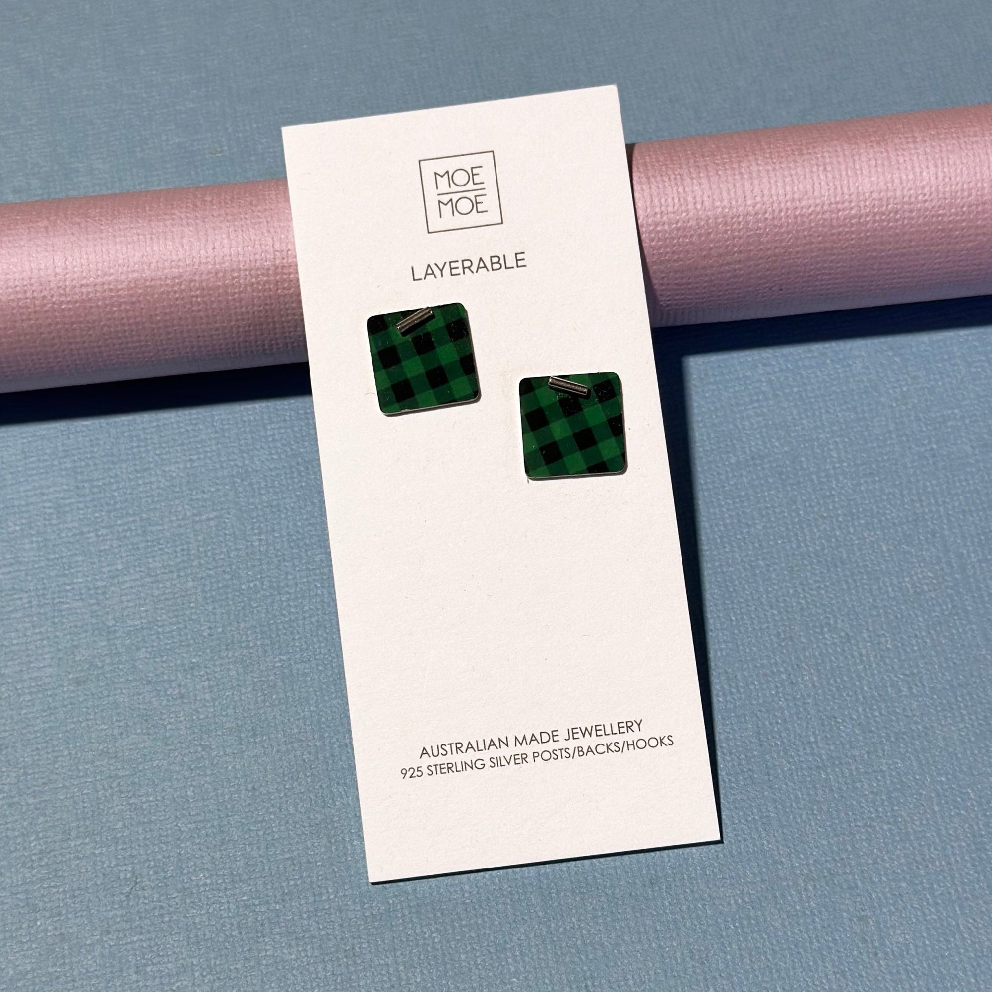 Green and Black Gingham Square Stud Earrings