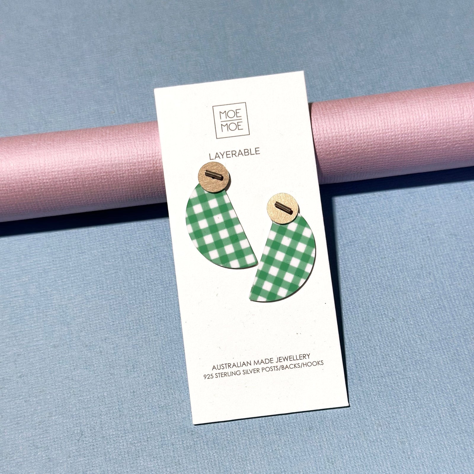 Green Gingham and Gold Layered Wedge Stud Earrings