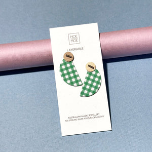 Green Gingham and Gold Layered Wedge Stud Earrings