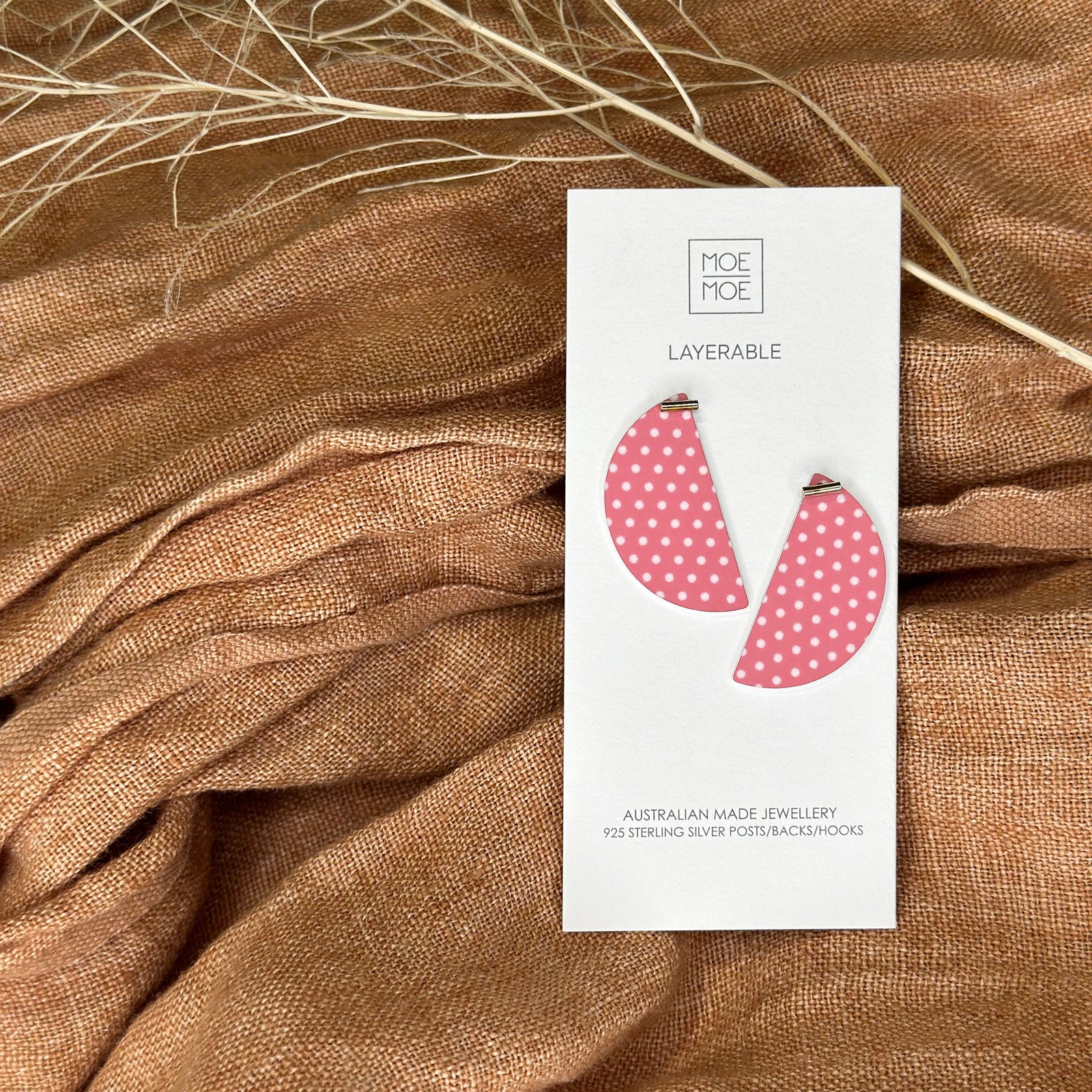 Pink Polka Dot Medium Wedge Stud Earrings