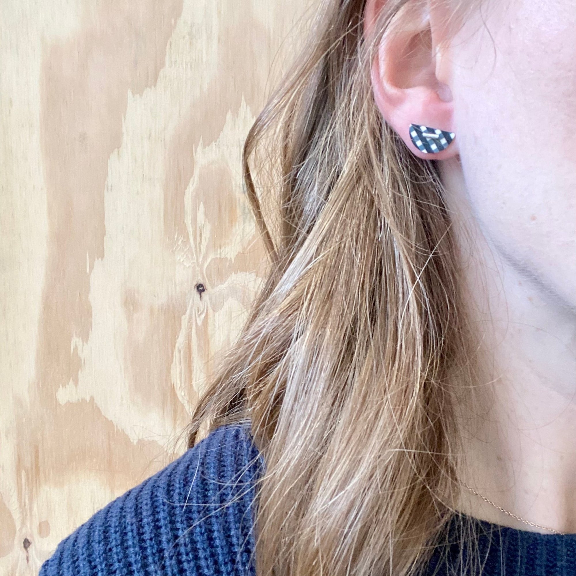 Black and White Gingham Mini Moon Stud Earrings