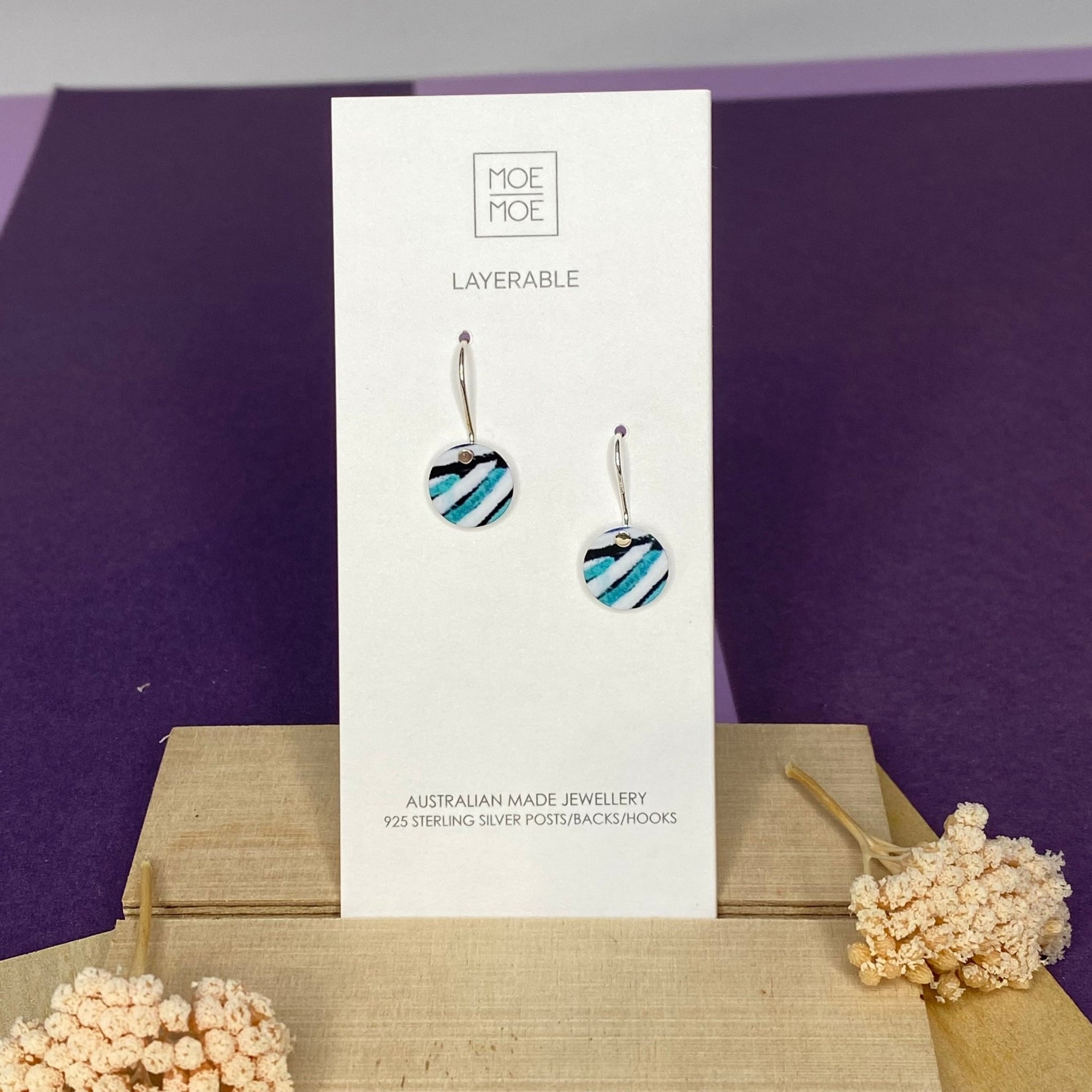 Blue Striped Mini Circle Drop Earrings