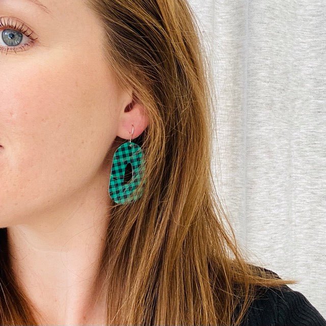 Green and Black Gingham Small Organic Drop Earrings