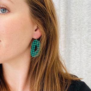 Green and Black Gingham Small Organic Drop Earrings
