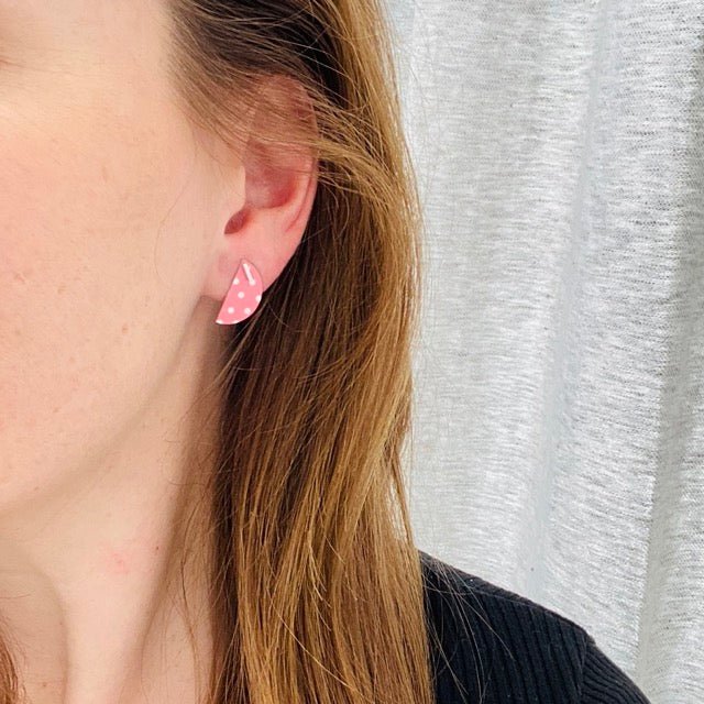 Pink Polka Dot Small Wedge Stud Earrings