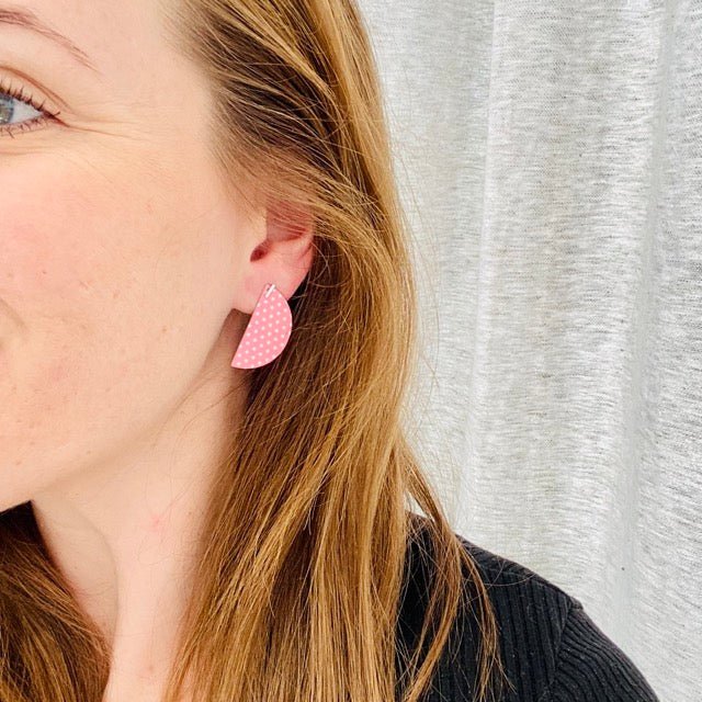 Pink Polka Dot Medium Wedge Stud Earrings