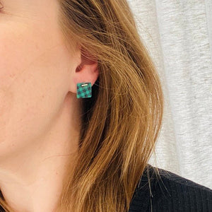 Green and Black Gingham Square Stud Earrings