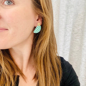 Green Gingham and Gold Layered Wedge Stud Earrings