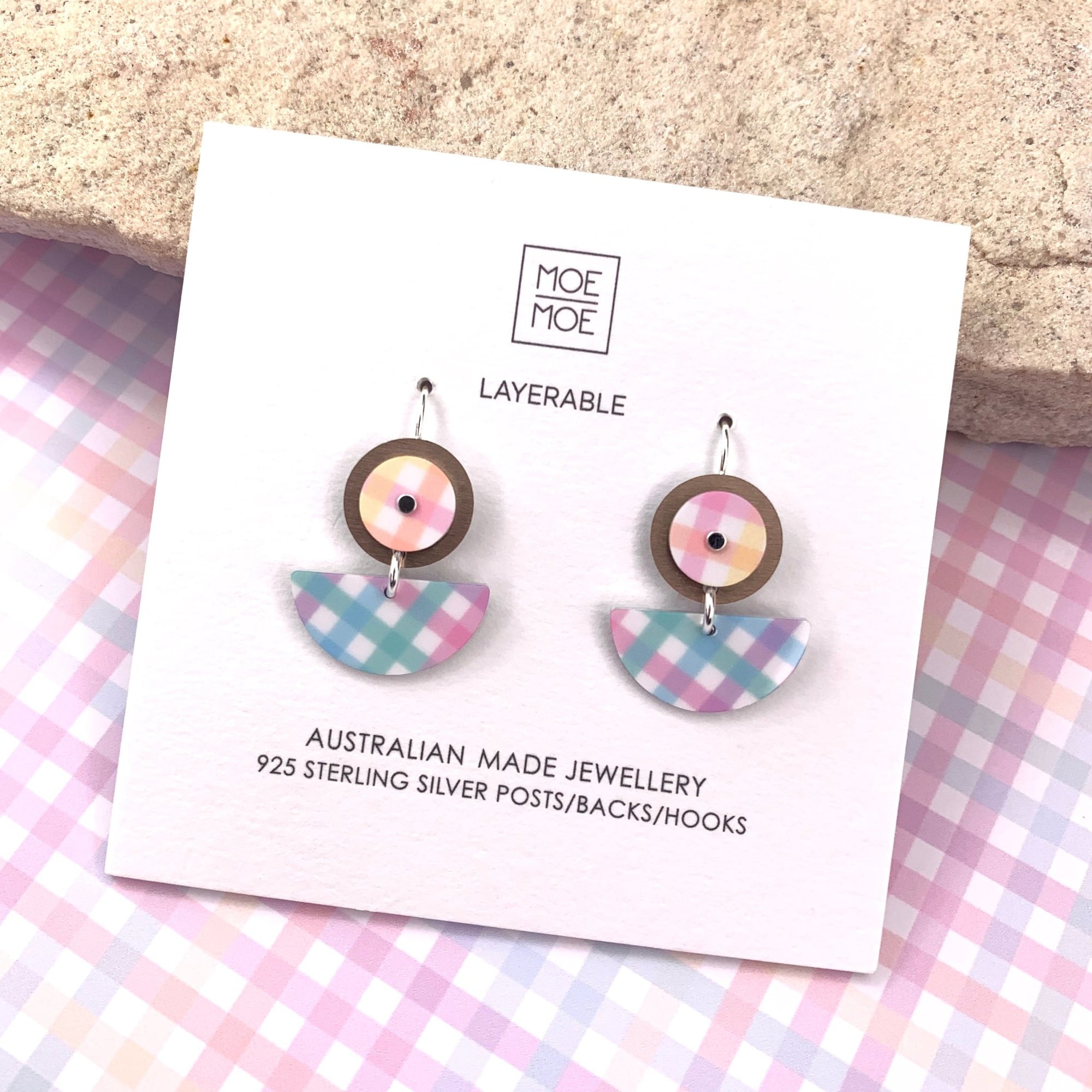 Fairy Floss Gingham Small Circle Moon Drop Earrings