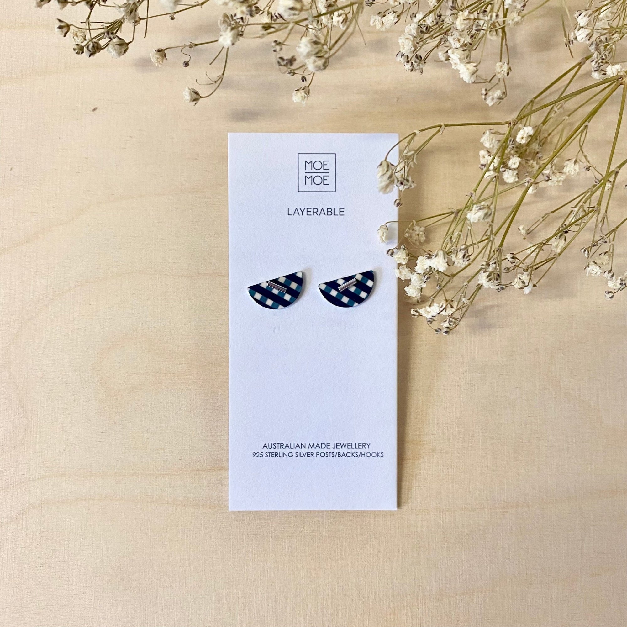 Black and White Gingham Mini Moon Stud Earrings