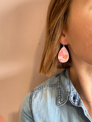 Pink Flower Medium Tear Drop Earrings