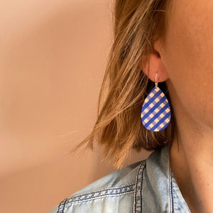 Blue and Peach Gingham Medium Tear Drop Earrings