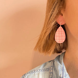 Red and Pink Grid Medium Tear Drop Earrings