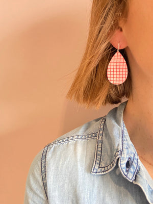 Red and Pink Grid Medium Tear Drop Earrings