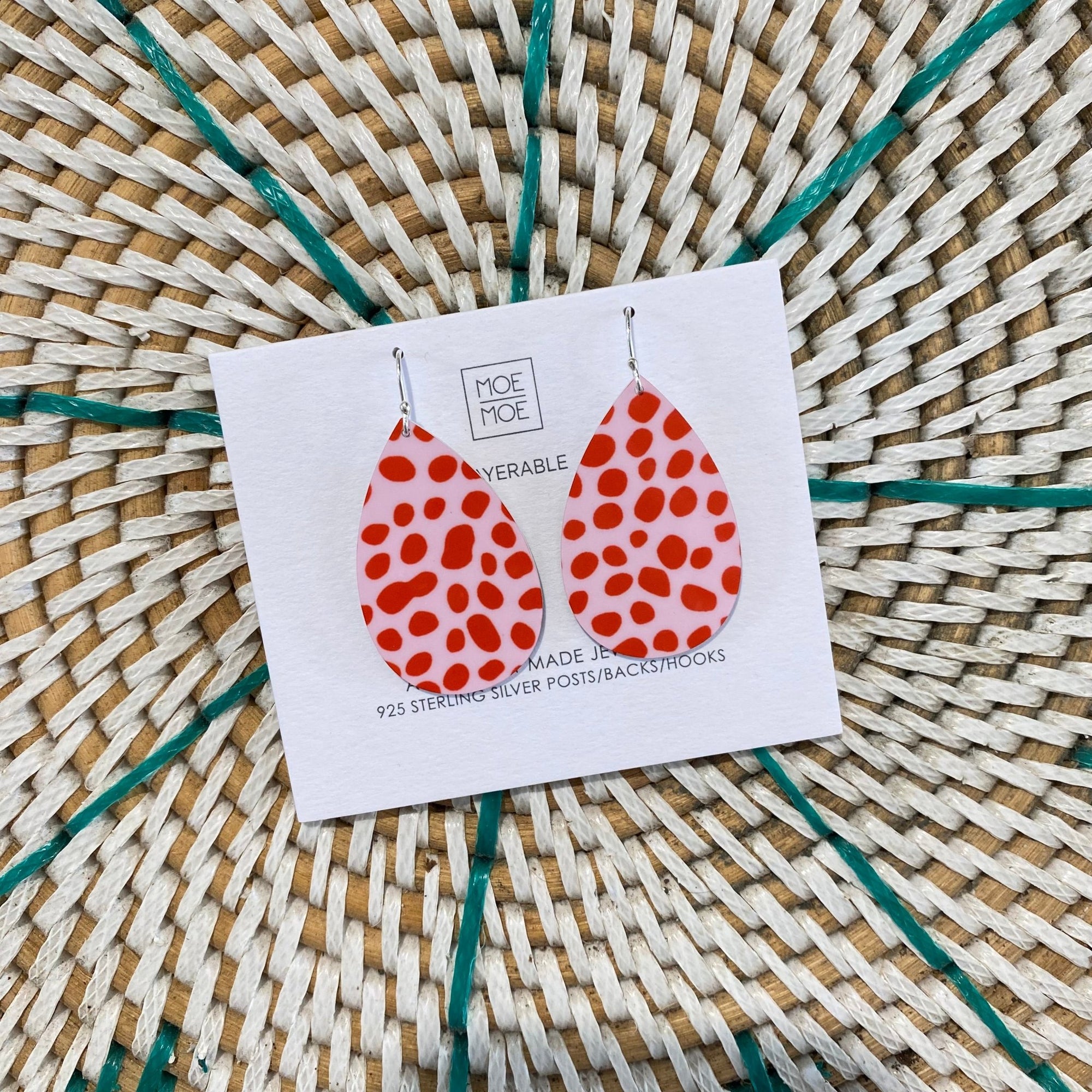 Pink and Red Speckled Medium Tear Drop Earrings