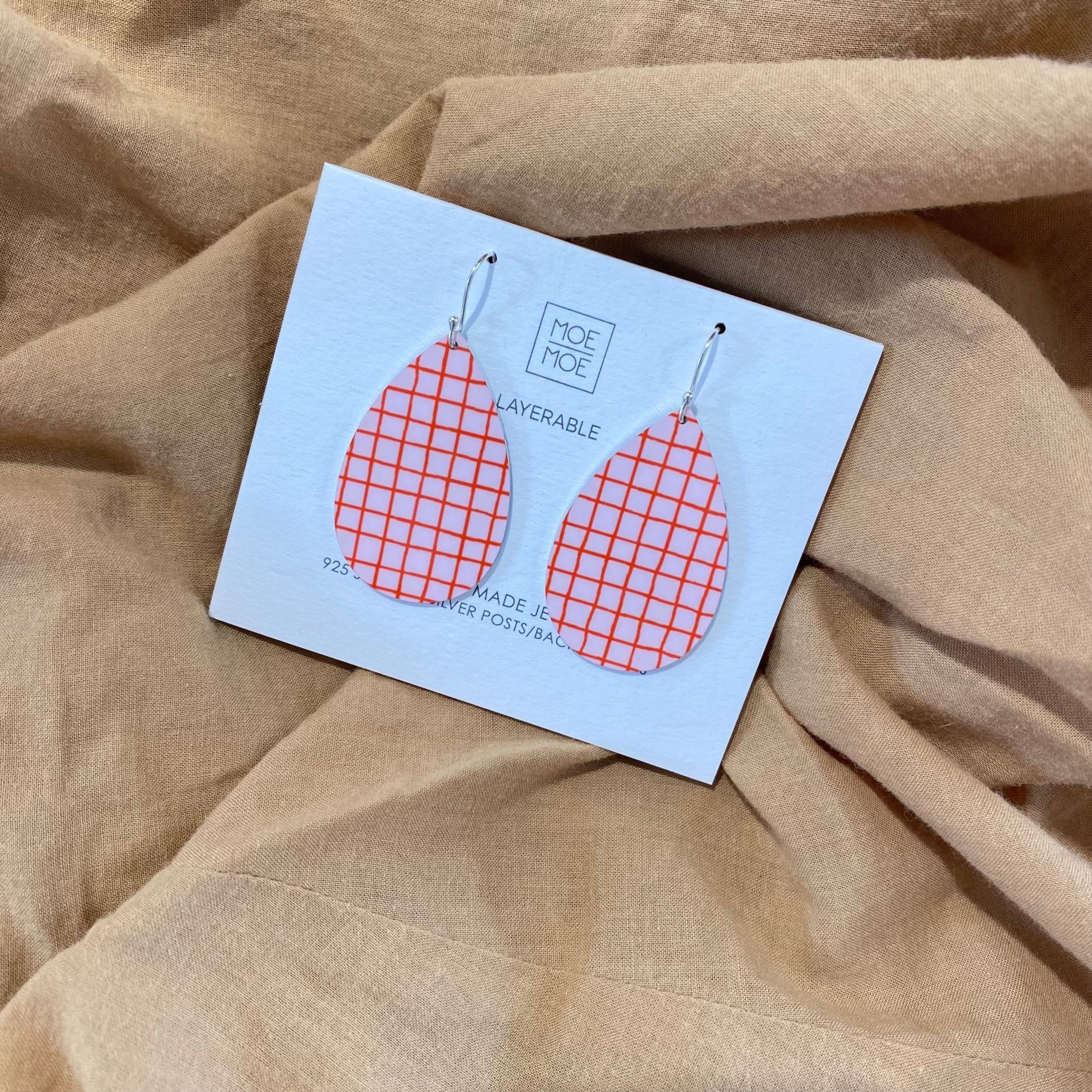 Red and Pink Grid Medium Tear Drop Earrings