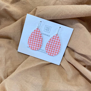 Red and Pink Grid Medium Tear Drop Earrings