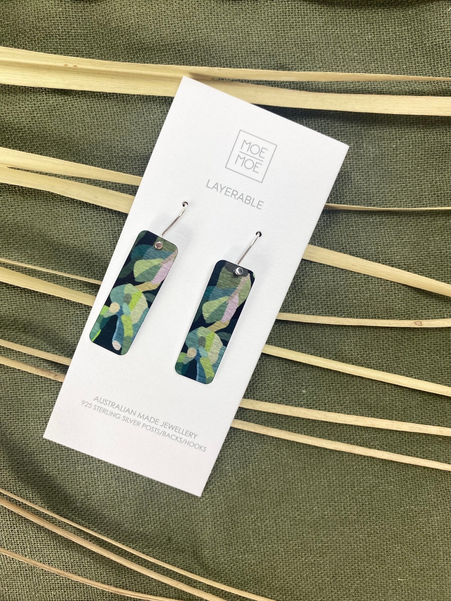 Metallic Green Florals Thick Bar Drop Earrings